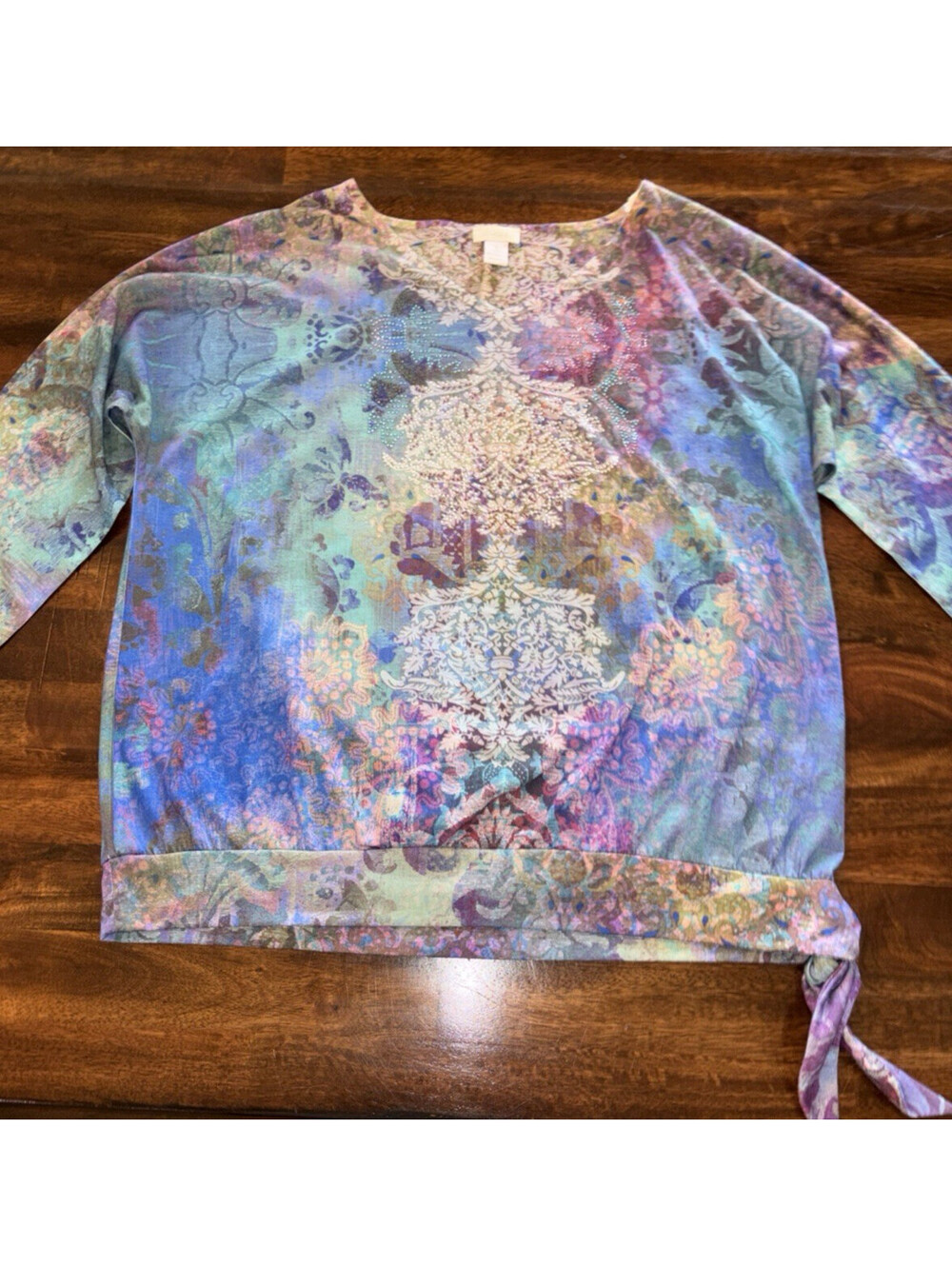 Chico's Top Abstract Purple Top Size 1 Tie Front Studded 3/4 Sleeve